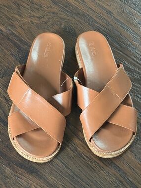 Bared Footwear Tan Brown Leather Crossband Slide Sandals